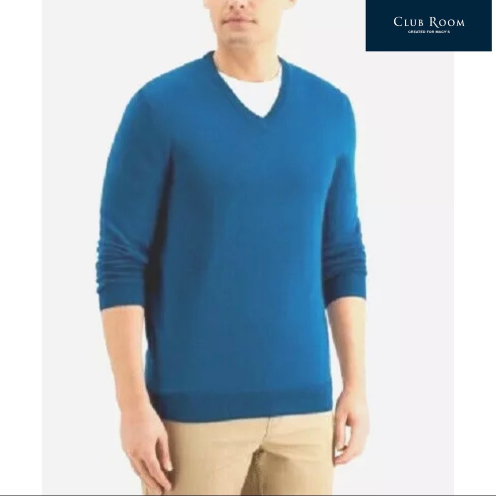 CLUB ROOM Majestic Teal Blue V-Neck Wool Blend